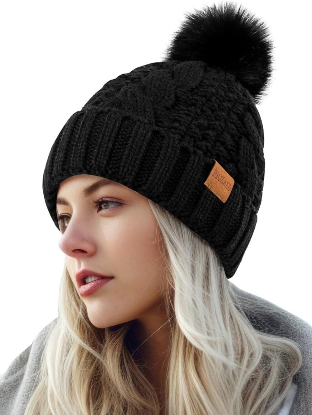 Women's Winter Pompom Beanie Warm and Cozy Knit Hat Fleece Lining Skull Cap for